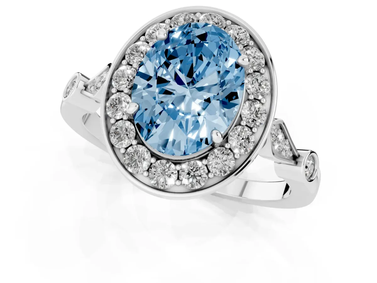 Fancy Blue Oval Cut Halo Diamond Engagement Ring with Twisted Band and Four-Prong Setting Silver