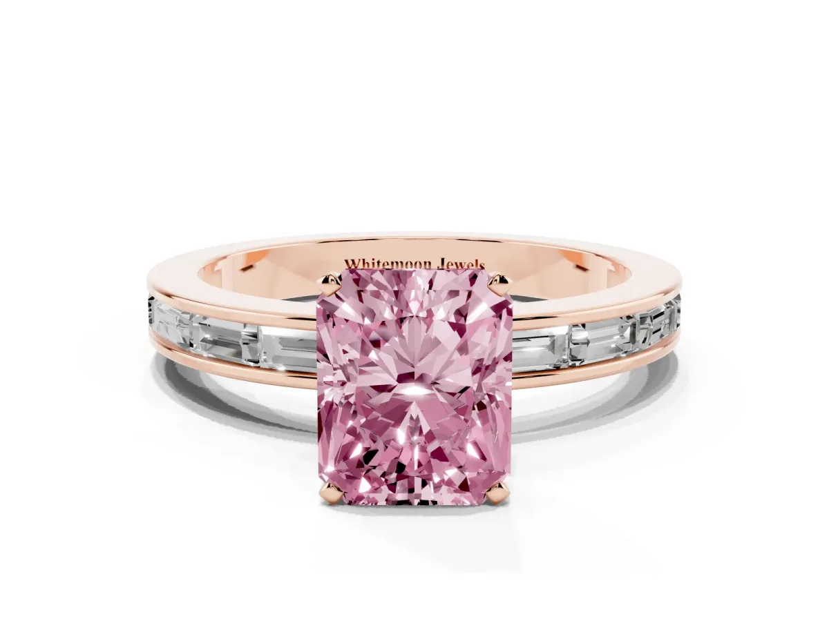 Fancy Pink Radiant Cut Solitaire Diamond Ring with Channel-Set Baguette Band and Four-Prong Setting Rose gold