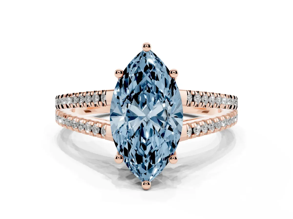 Fancy Blue Marquise Cut Diamond Solitaire Engagement Ring with Split Shank Pavé Band Rose gold