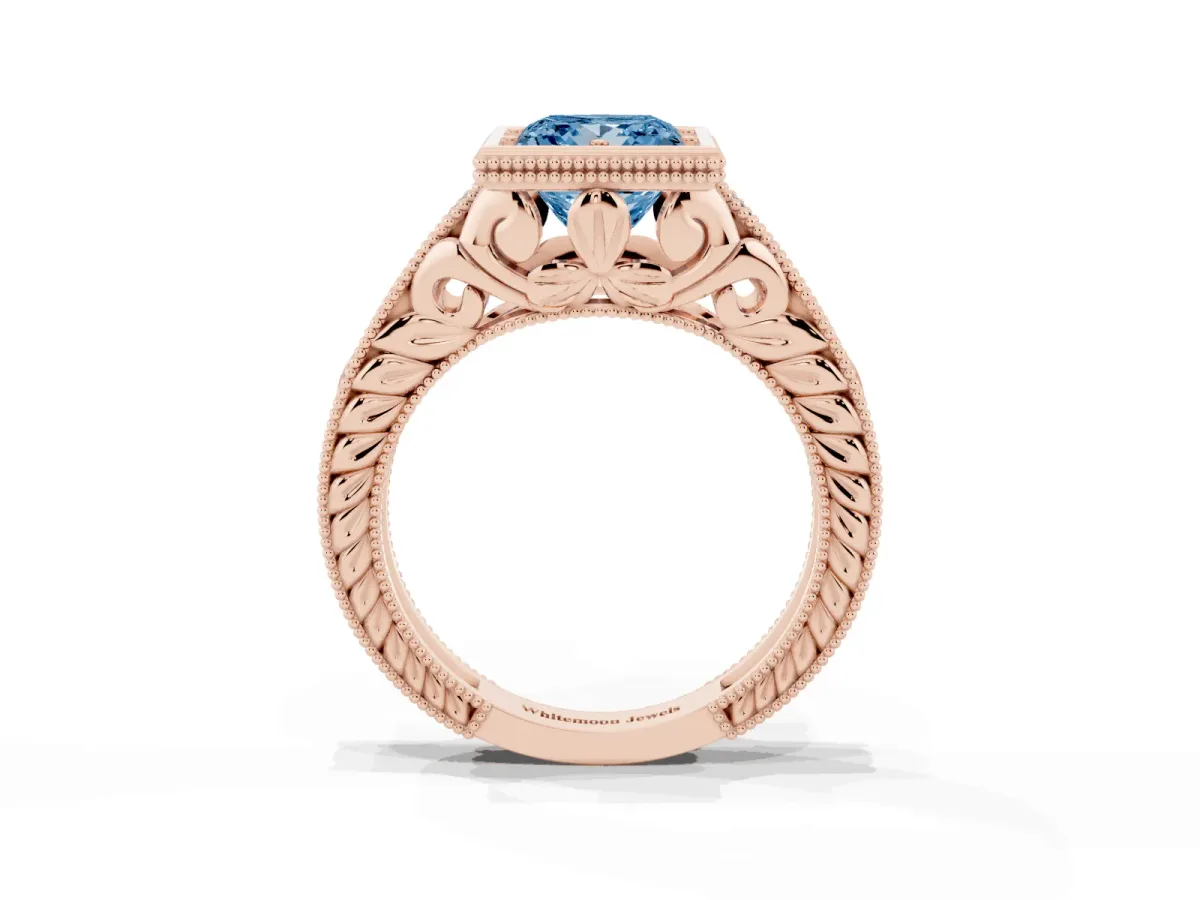 Fancy Blue Bezel Set Princess Cut Diamond Milgrain Pave Engagement Ring Rose gold