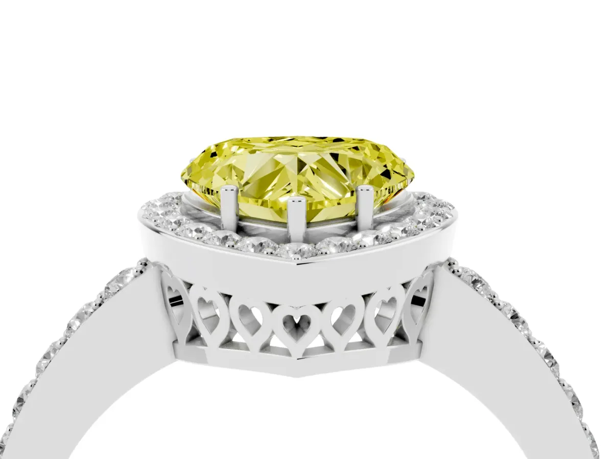 Fancy Yellow Heart Cut Halo Diamond Pavé Band Ring with Prong Setting Silver