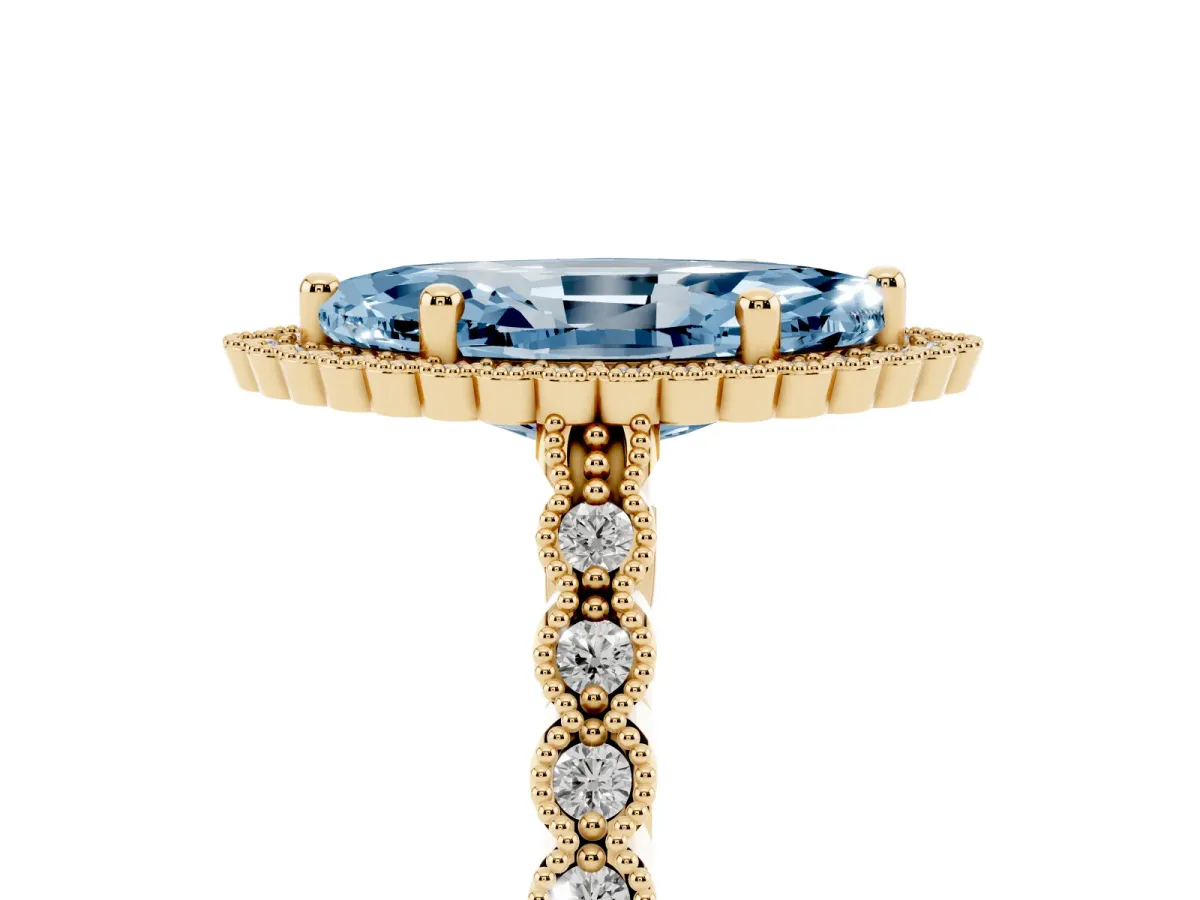 Fancy Blue Marquise Cut Cut Halo Pavé Solitaire Ring with Milgrain Band Yellow gold