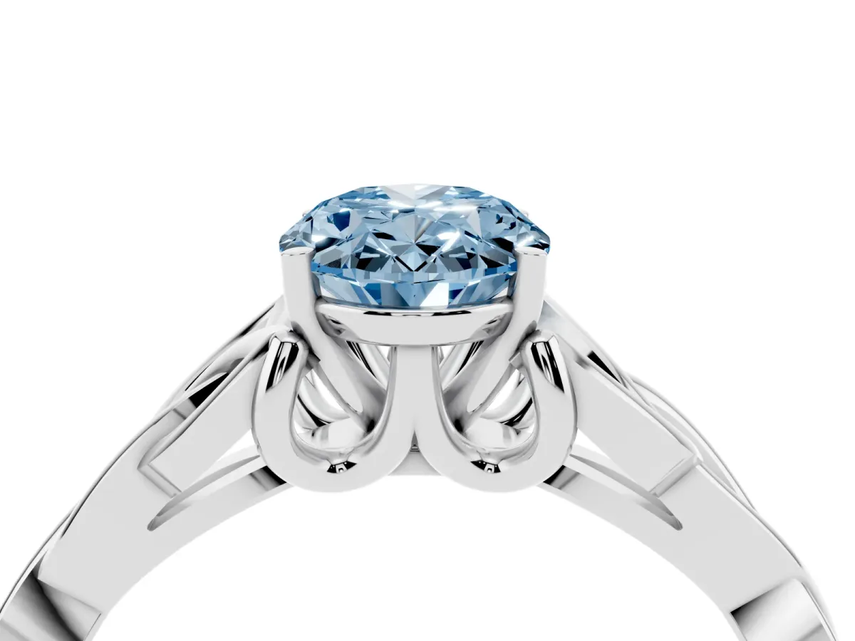 Fancy Blue Oval Cut Diamond Solitaire Engagement Ring with Celtic Knot Band and Four-Prong Setting Silver