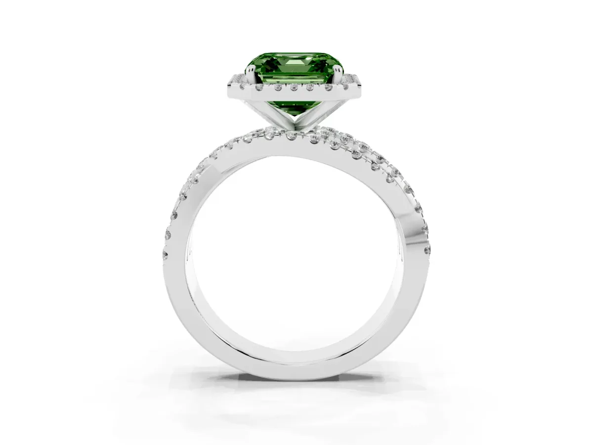 Fancy Green Asscher Cut Diamond Halo Ring with Round Split Shank and Prong Setting Silver
