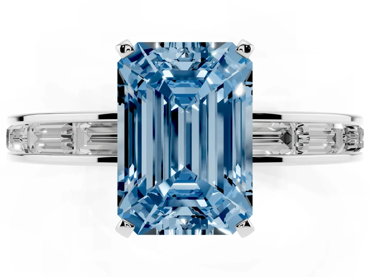 Fancy Blue Emerald Cut Solitaire Diamond Ring with Channel-Set Baguette Band and Four-Prong Setting White gold