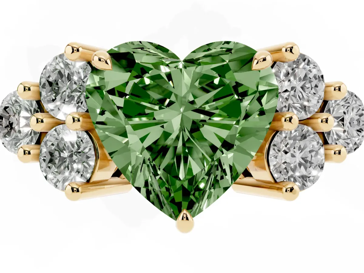 Fancy Green Heart Cut Brilliant Diamond Cluster Accent Solitaire Ring with Prong Setting Yellow gold