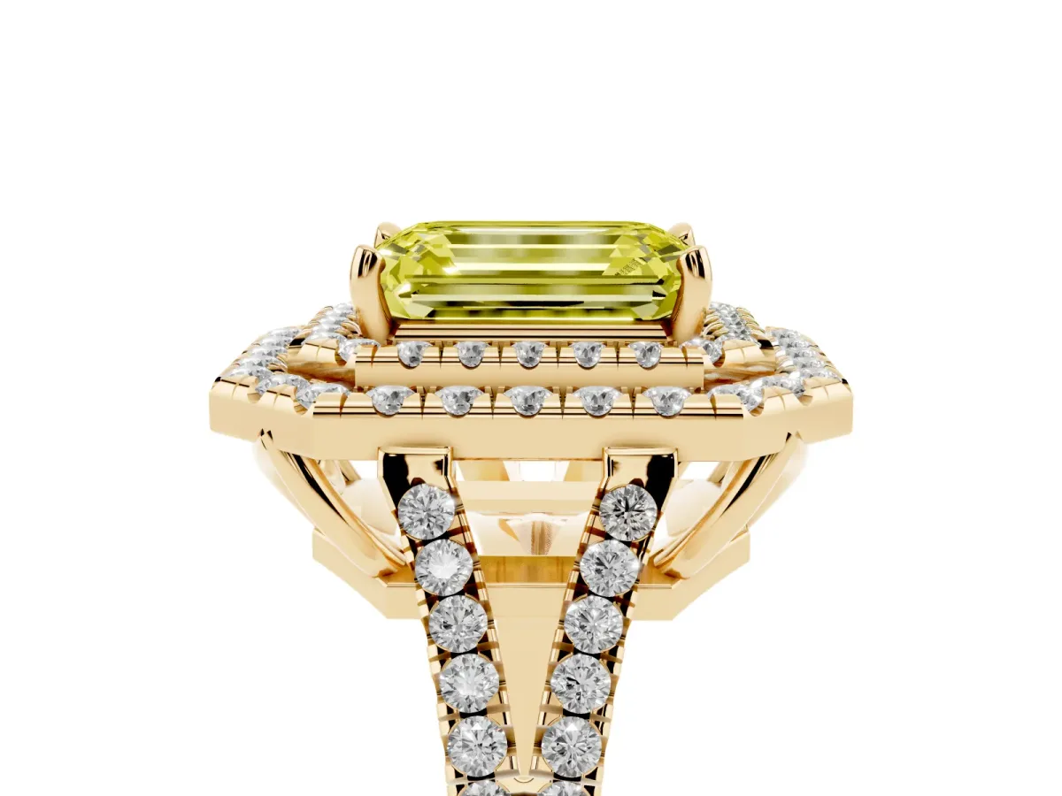 Fancy Yellow Emerald Cut Diamond Double Halo Ring with Pavé Band and Prong Setting Yellow gold