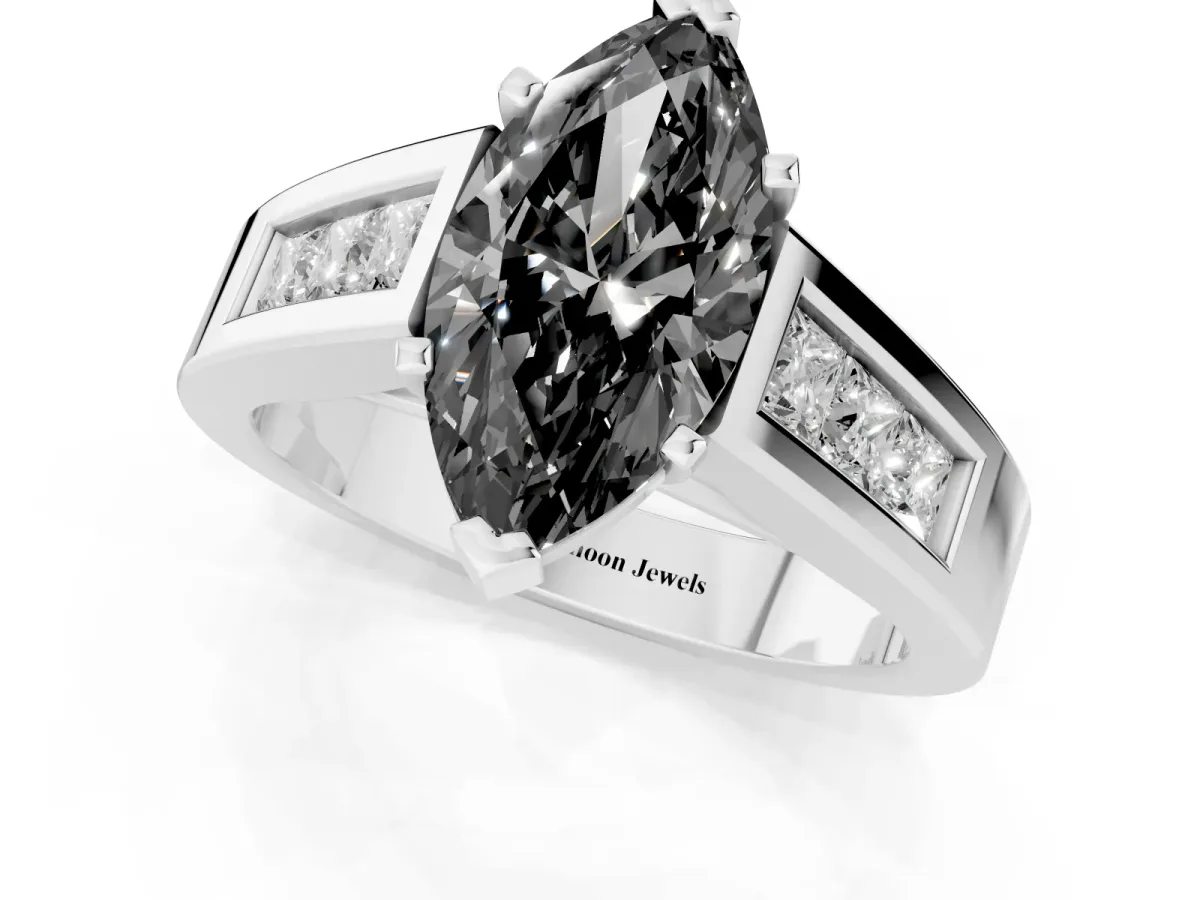 Fancy Black Marquise Cut Cut Channel Set Solitaire Ring with Four-Prong Setting Silver