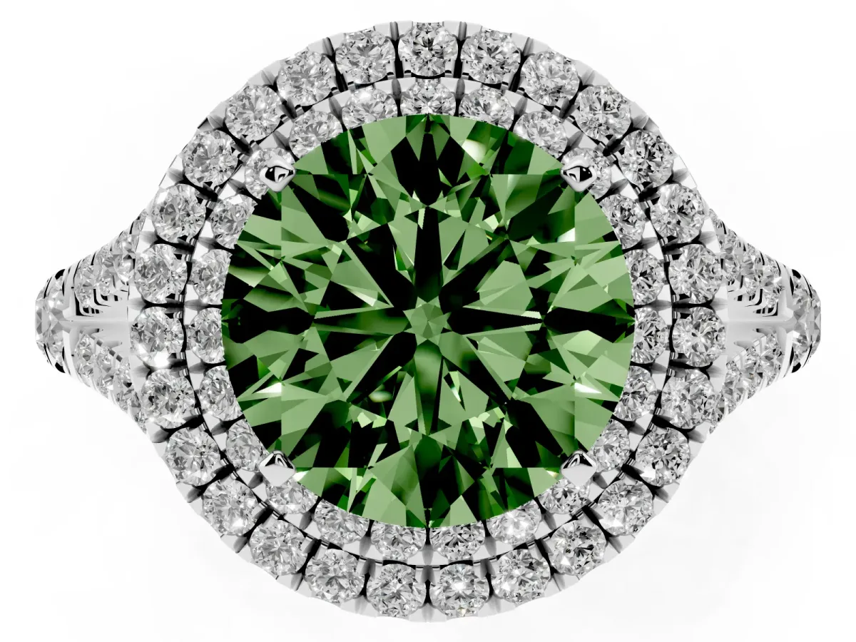 Fancy Green Round Cut Diamond Pavé Split Shank Double Halo Engagement Ring Platinum