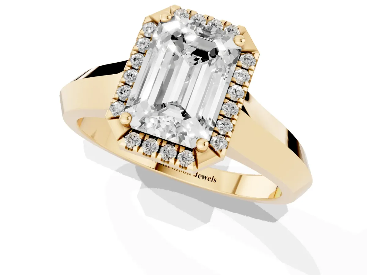Emerald Cut Halo Diamond Ring with Cathedral Band and Four-Prong Setting Yellow gold