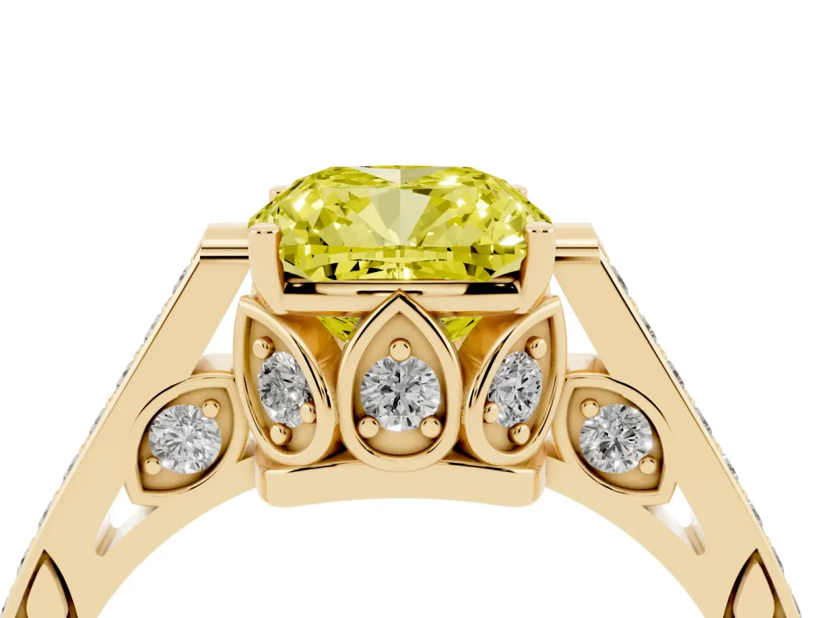 Fancy Yellow Cushion Cut Cut Cathedral Pave Diamond Engagement Ring with Six-Prong Setting Yellow gold