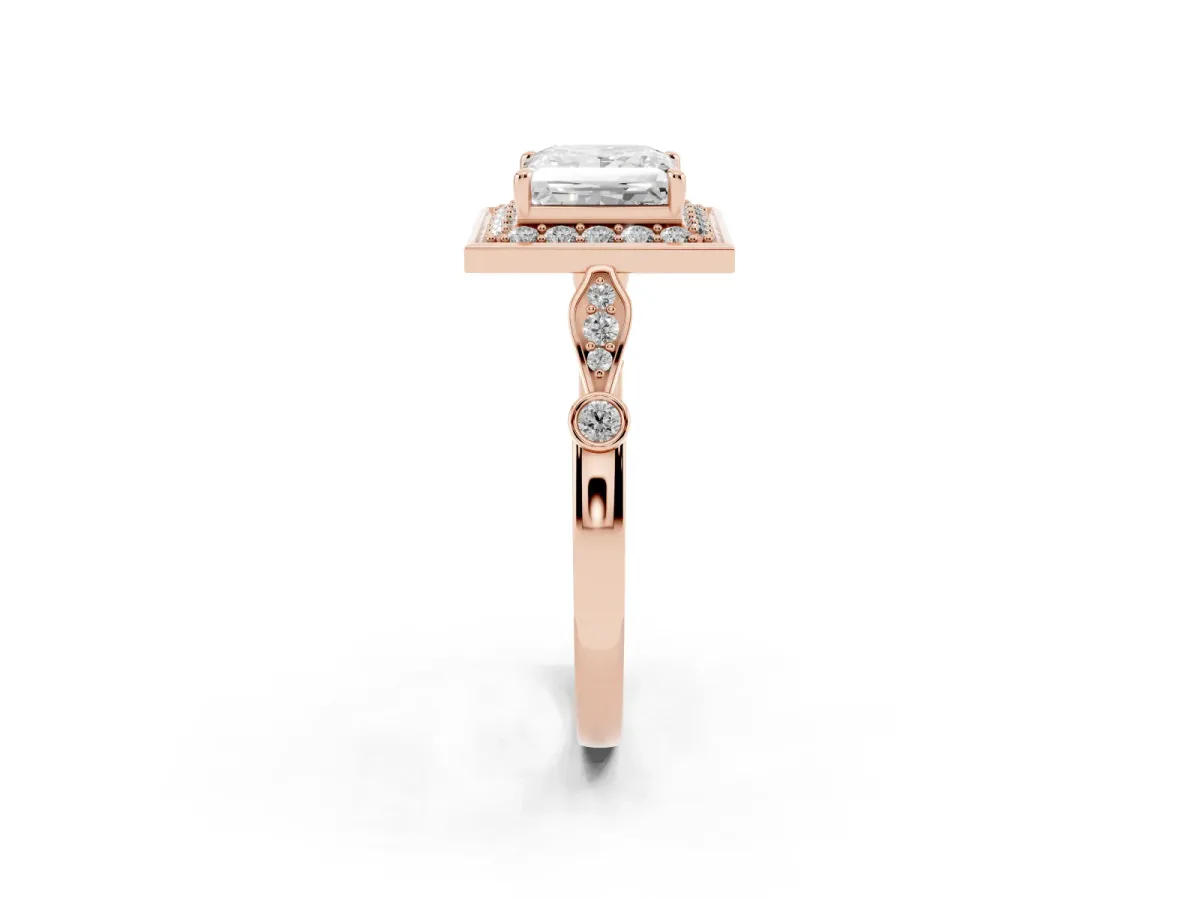 Princess Cut Halo Diamond Engagement Ring with Twisted Band and Four-Prong Setting Rose gold