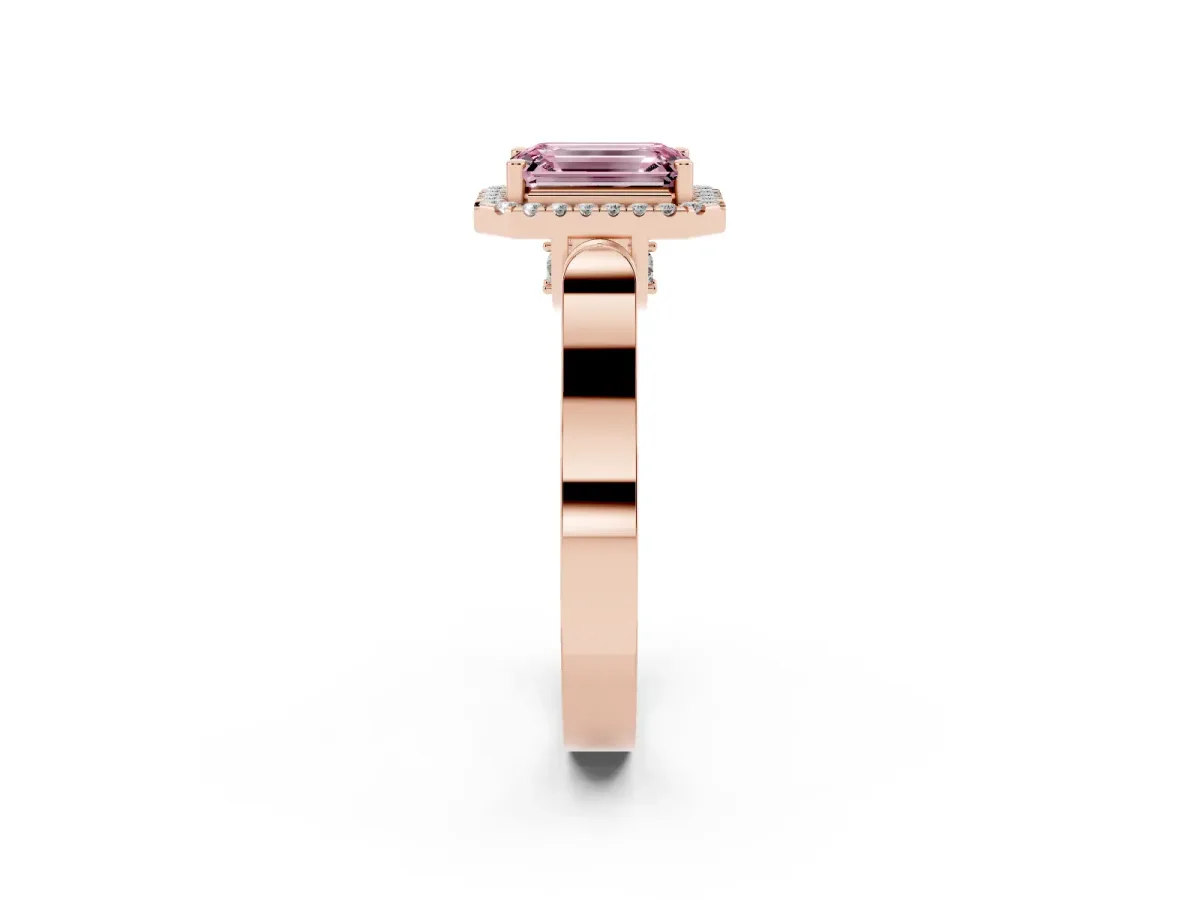 Fancy Pink Emerald Cut Halo Pave Split Shank Prong Setting Ring Rose gold
