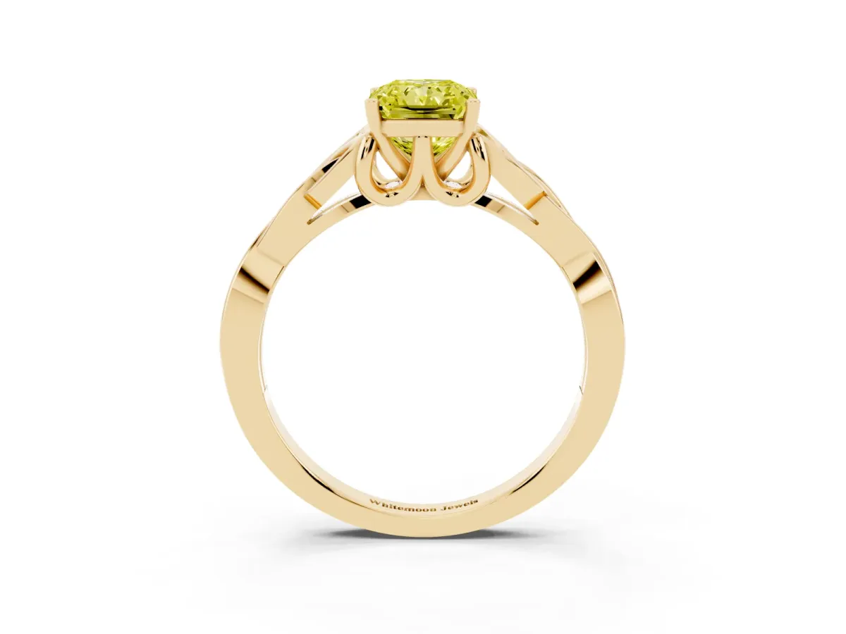 Fancy Yellow Radiant Cut Diamond Solitaire Engagement Ring with Celtic Knot Band and Four-Prong Setting Yellow gold