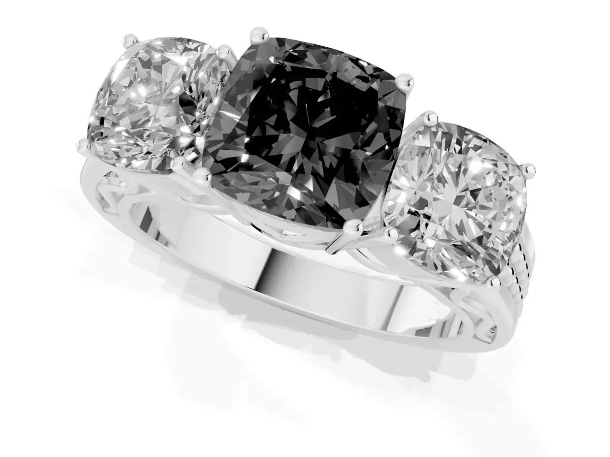 Fancy Black Cushion Cut Diamond Three-Stone Ring with Prong Setting and Textured Band Platinum
