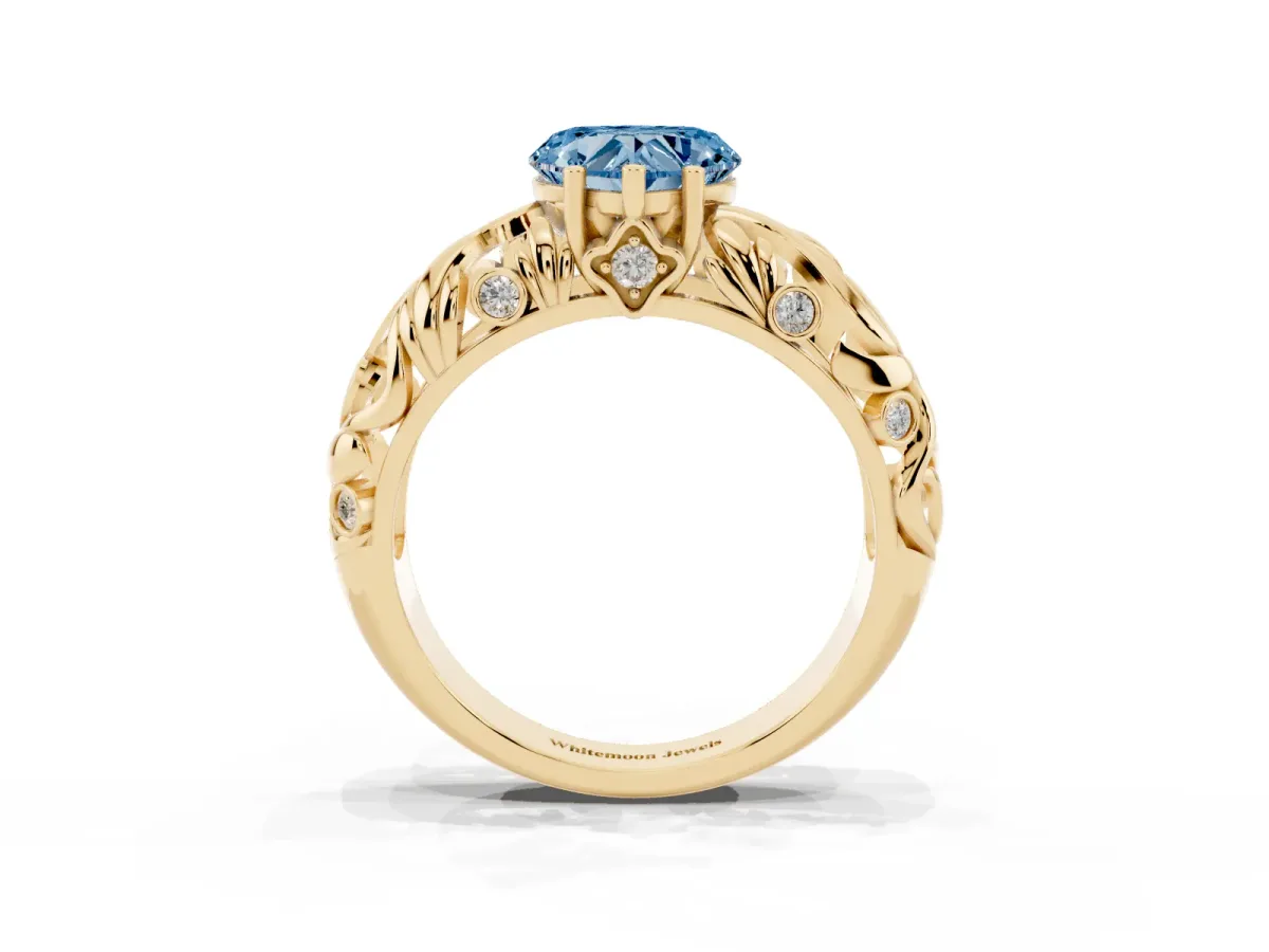 Fancy Blue Heart Cut Solitaire Diamond Leaf-Inspired Vine Band Ring with Prong Setting Yellow gold