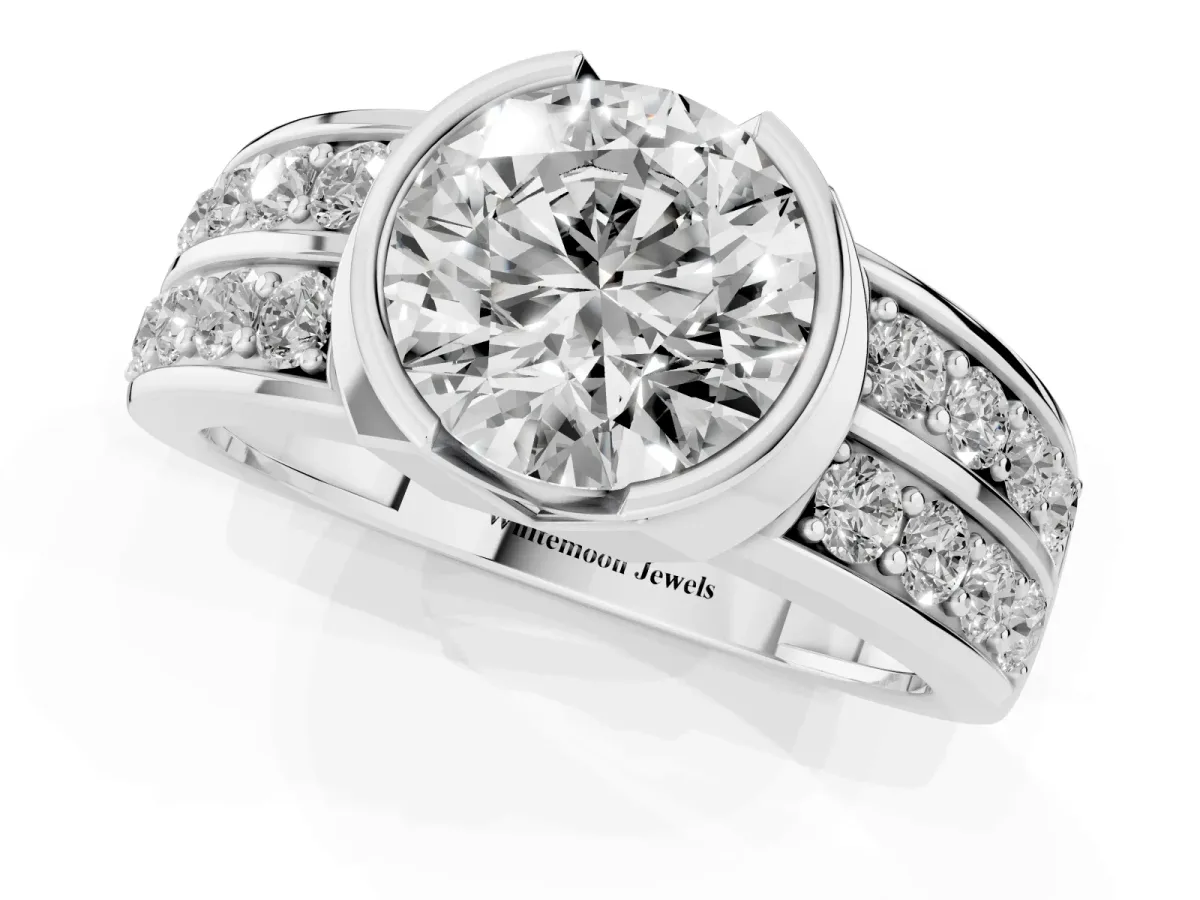 Round Cut Brilliant Diamond Channel Set Wide Band Ring with Bezel Setting Platinum