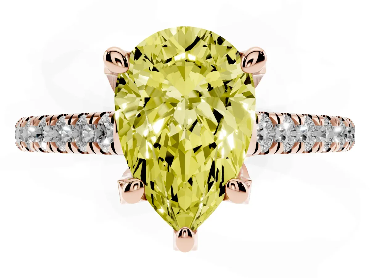 Fancy Yellow Pear Cut Brilliant Diamond Solitaire with Pavé Band and Four-Prong Setting Rose gold