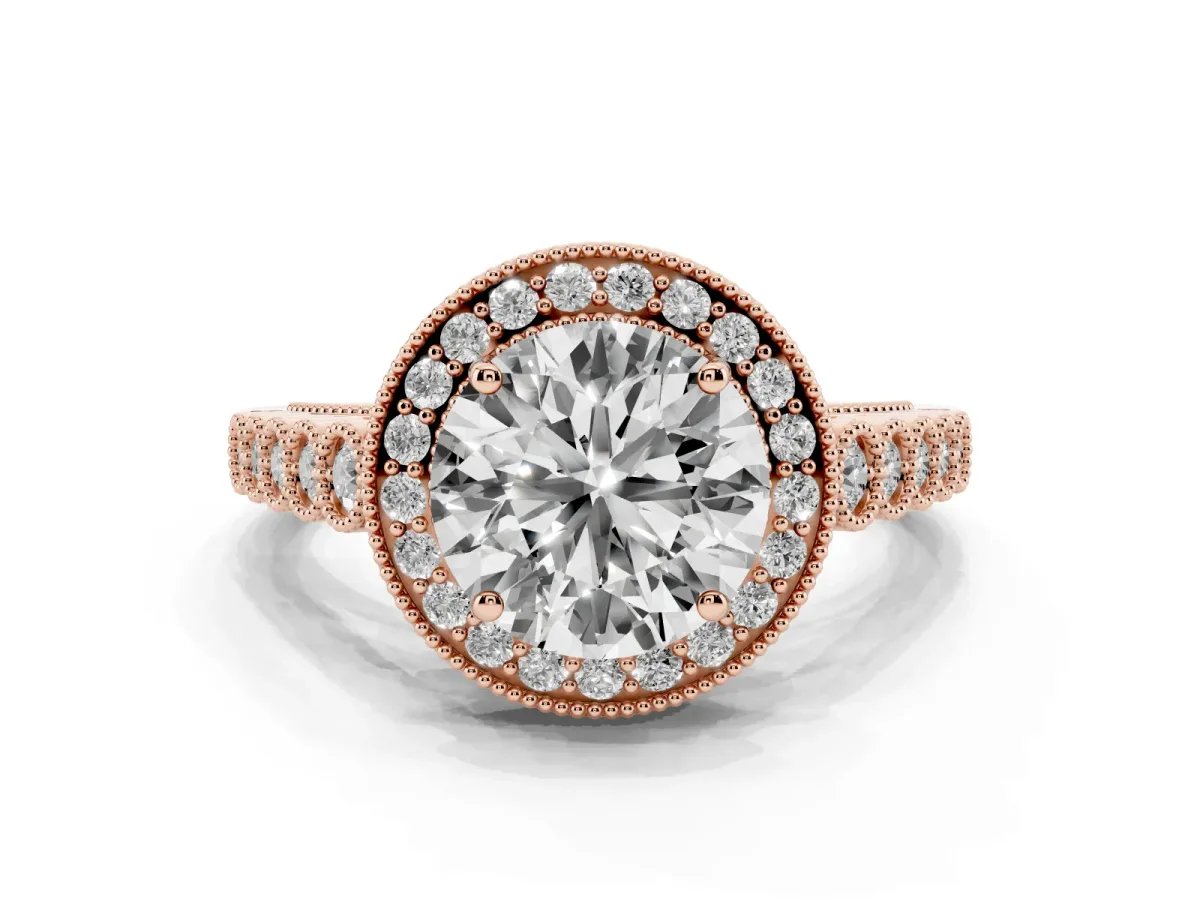 Round Cut Halo Milgrain Solitaire with Bezel Set Side Stones and Pave Band Rose gold