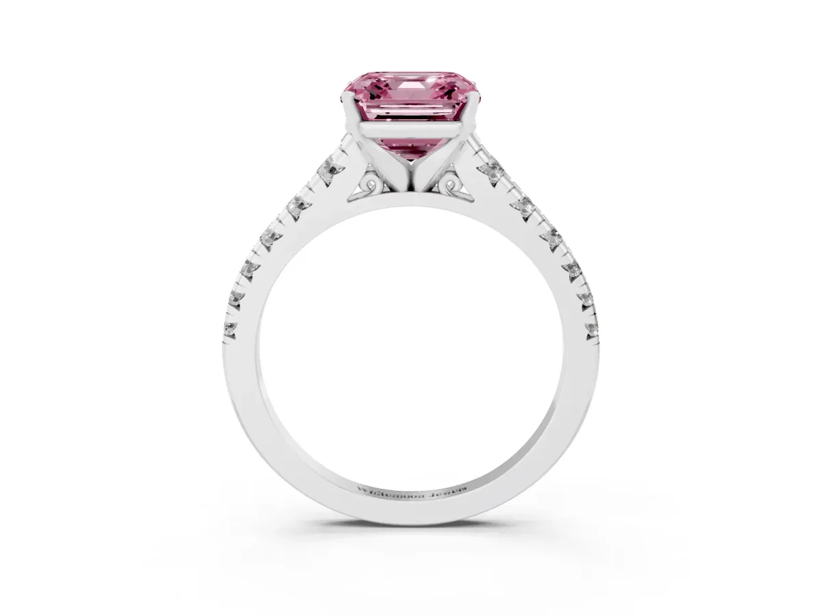 Fancy Pink Asscher Cut Diamond Cathedral Solitaire Ring with Round Pavé Band Silver