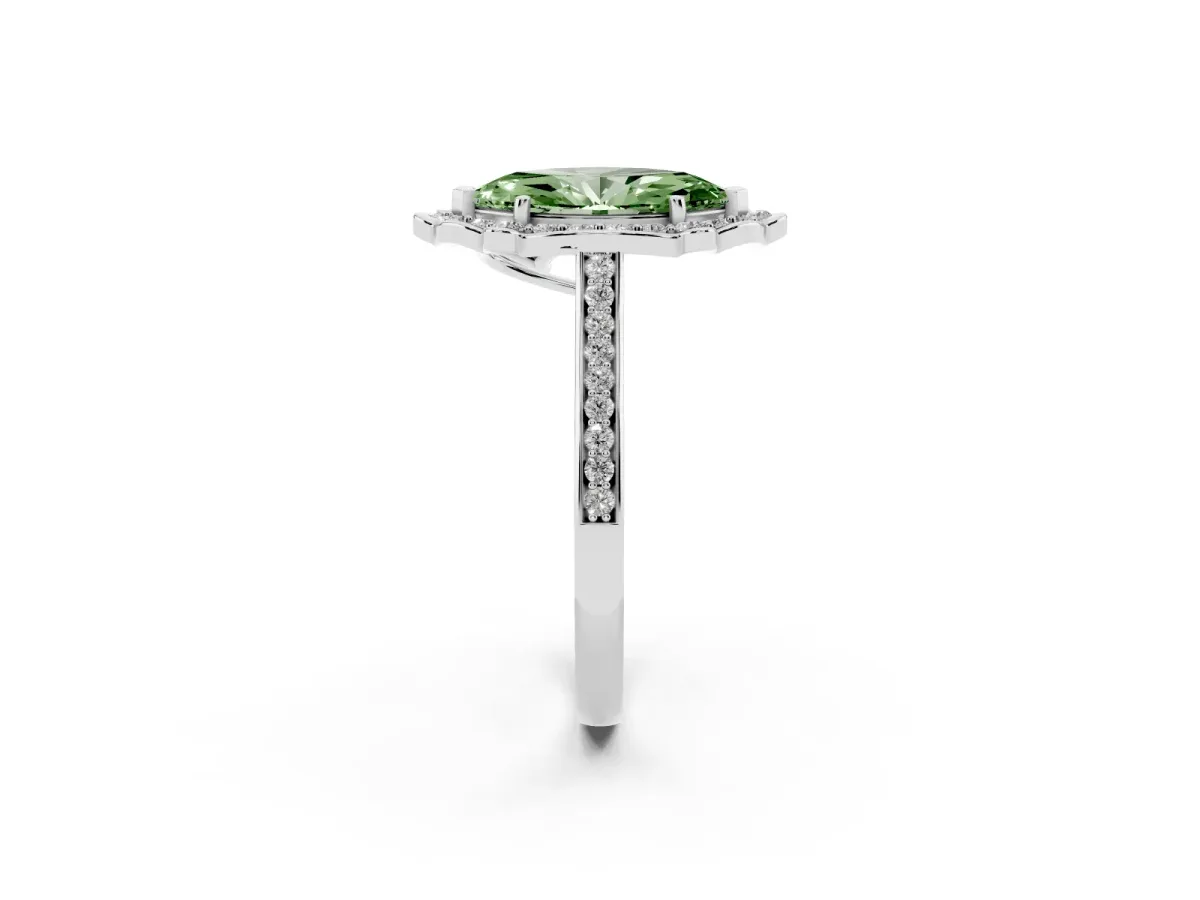 Fancy Green Marquise Cut Halo Round Diamond Pave Band with Four-Prong Setting Platinum