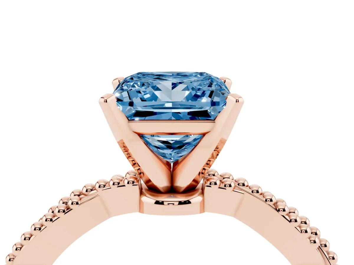 Fancy Blue Princess Cut Solitaire Twisted Band with Bead Prong Setting Rose gold