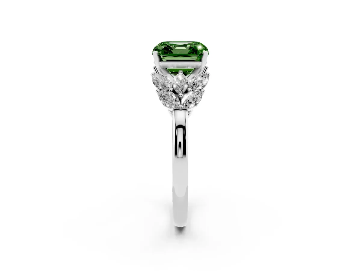 Fancy Green Asscher Cut Diamond Cluster Leaf Design Ring with Prong Setting Silver