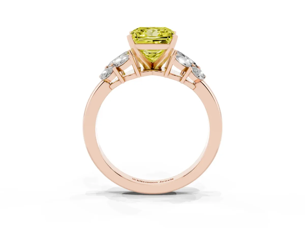 Fancy Yellow Princess Cut Diamond Cluster Leaf Design Ring with Prong Setting Rose gold