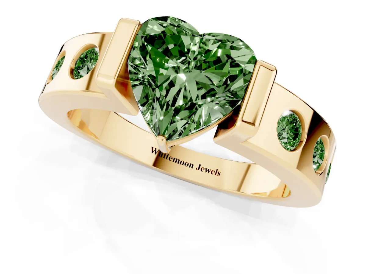 Fancy Green Heart Cut Brilliant Channel-Set Diamond Ring with Bezel Prong Setting Yellow gold