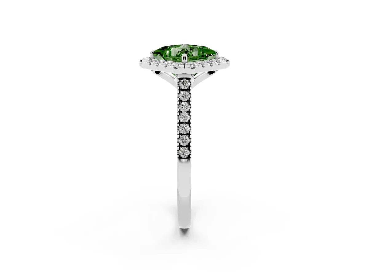 Fancy Green Princess Cut Diamond Cushion Halo Ring with Pavé Band Platinum