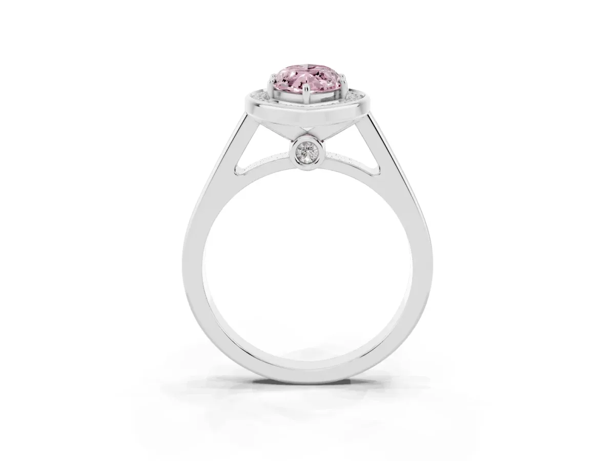 Fancy Pink Marquise Cut Halo Solitaire Diamond Ring with Pave Band and Bezel Setting White gold