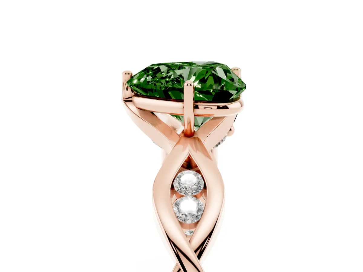 Fancy Green Heart Cut Solitaire Twist Band with Leaf Prong Setting Rose gold