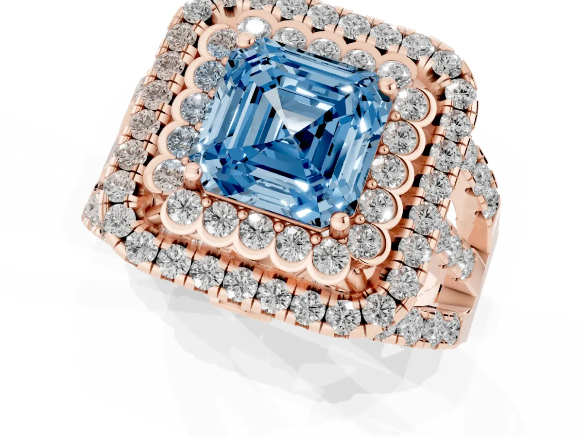 Fancy Blue Asscher Cut Diamond Double Halo Ring with Round Pavé Split Shank and Prong Setting Rose gold