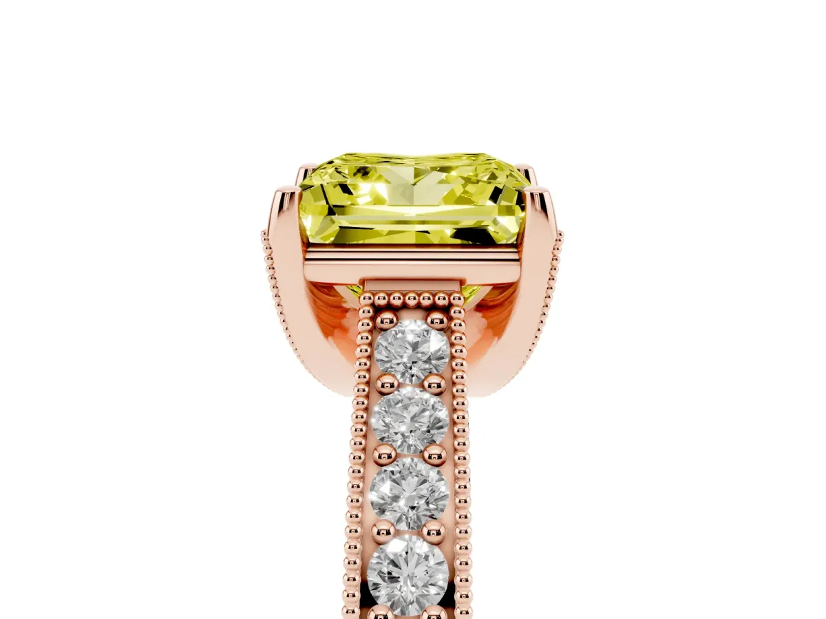 Fancy Yellow Princess Cut Cut Diamond Solitaire Ring with Milgrain Pave Band and Four Prong Setting Rose gold