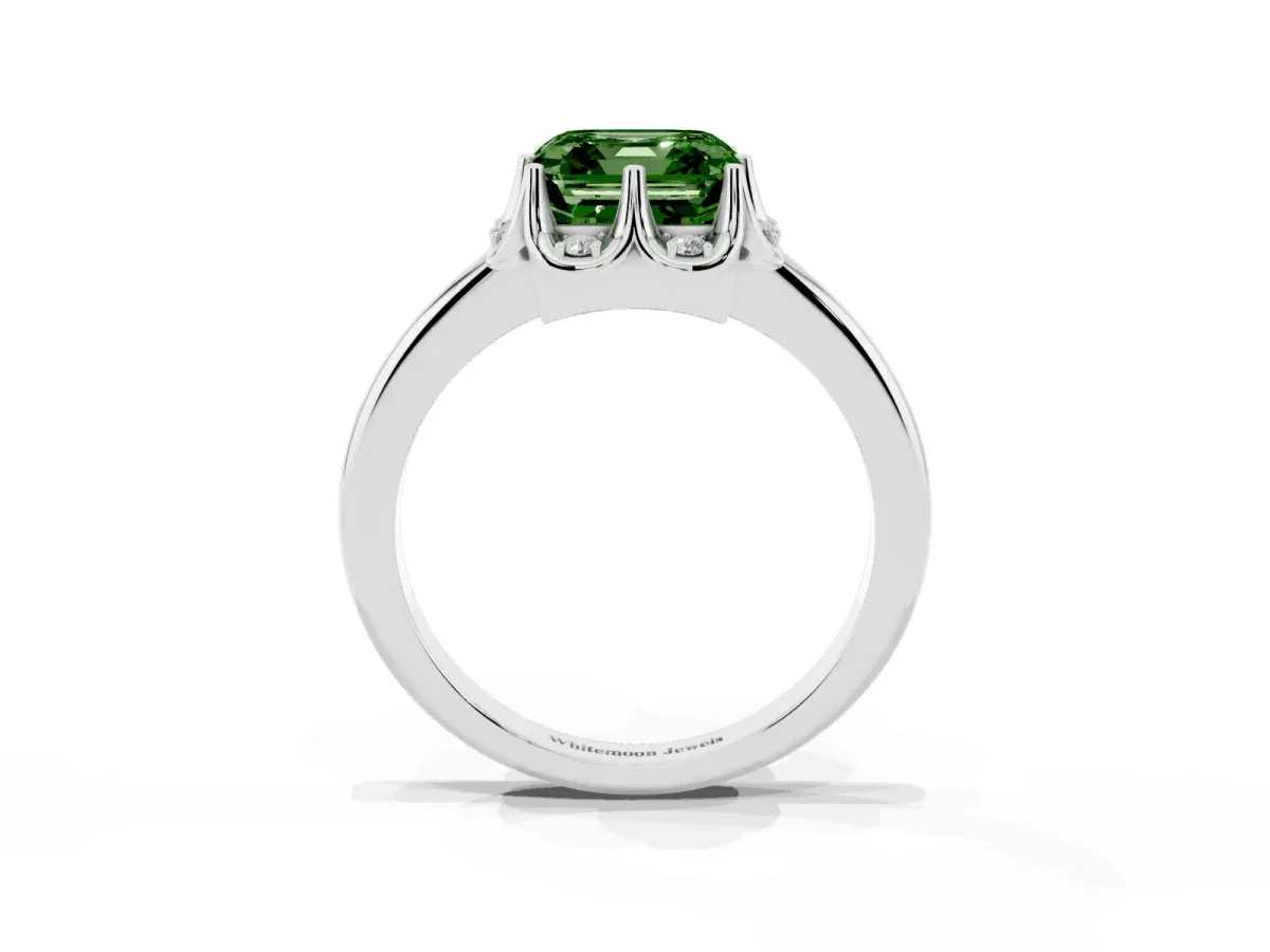 Fancy Green Asscher Cut Halo Diamond Ring with Round Cluster Setting, Solitaire Band, and Four-Prong Setting Platinum