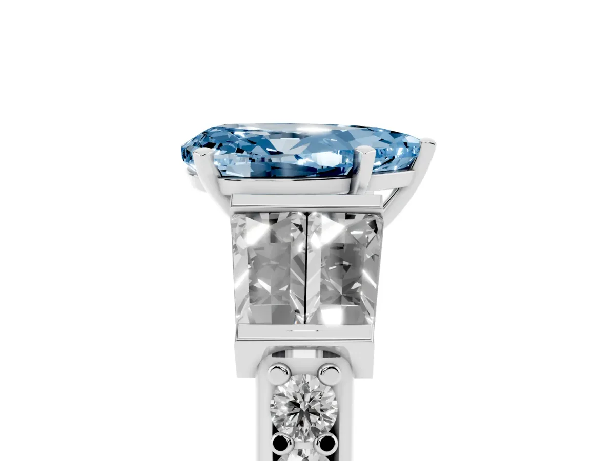 Fancy Blue Pear Cut Diamond Engagement Ring with Baguette Side Stones and Channel Set Band Platinum