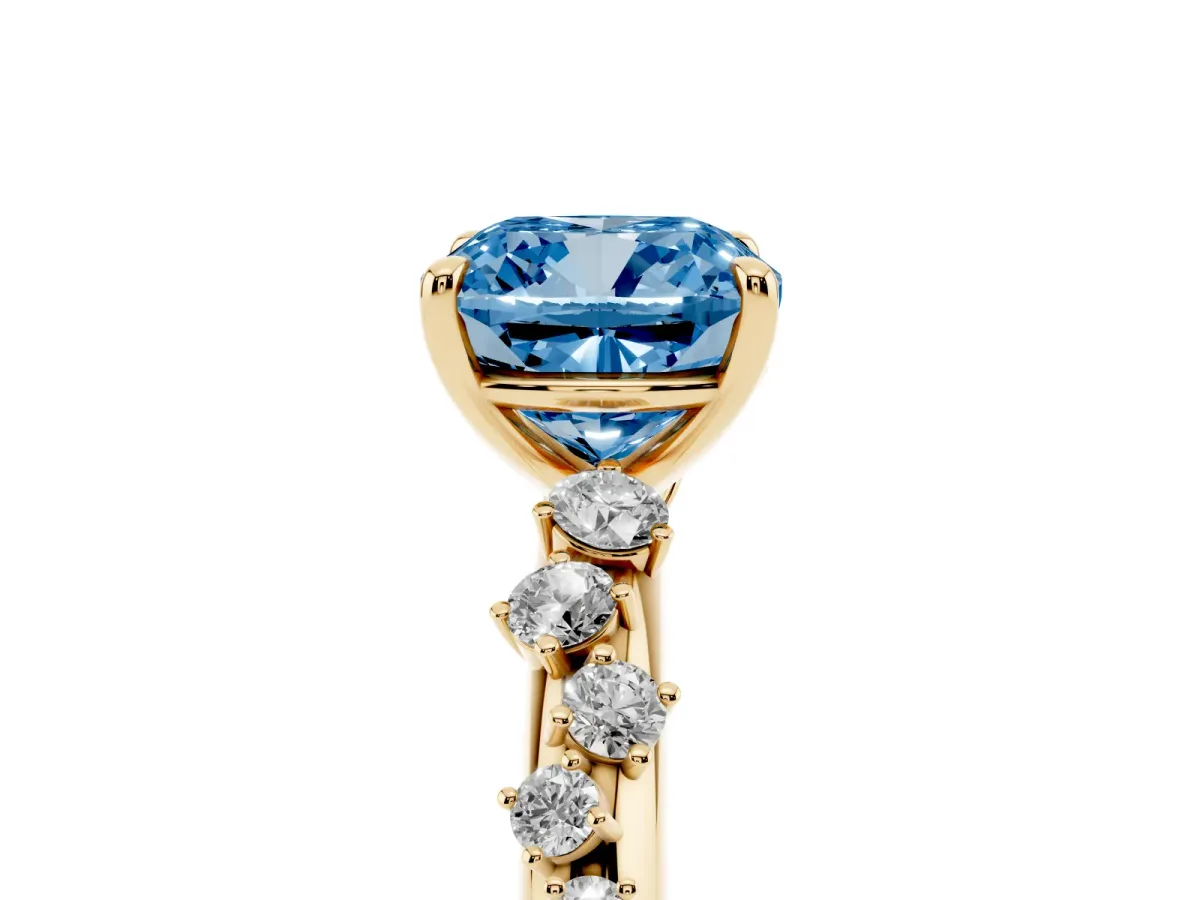Fancy Blue Cushion Cut Diamond Cluster Prong-Set Solitaire Ring Yellow gold