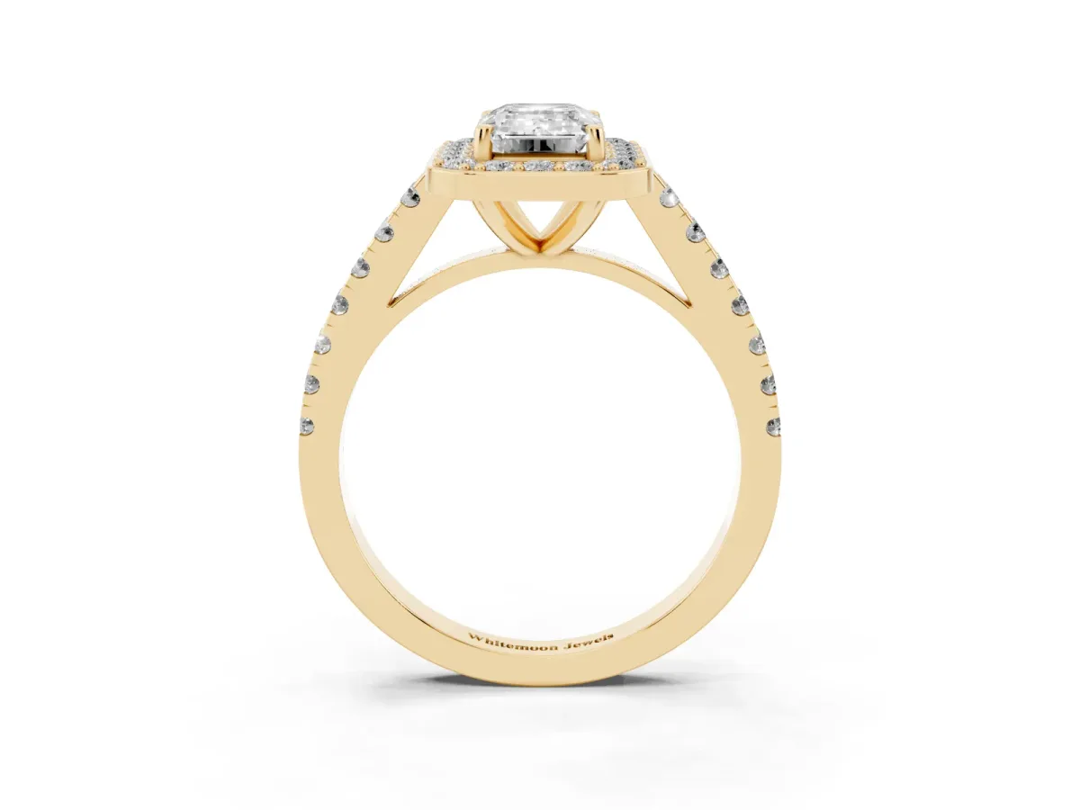 Emerald Cut Diamond Halo Ring with Round Pavé Split Shank and Prong Setting Yellow gold