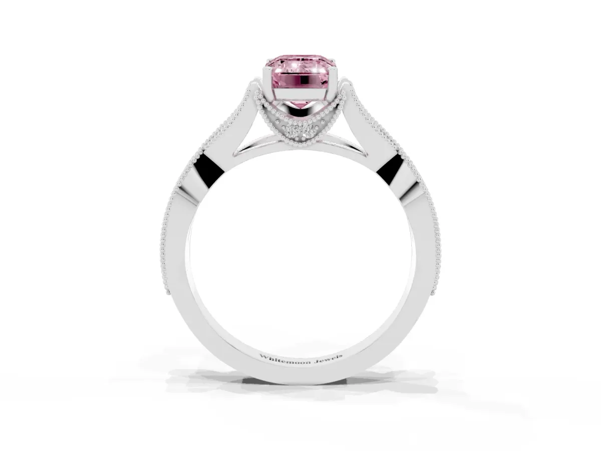 Fancy Pink Emerald Cut Cut Diamond Twisted Band with Milgrain Pave Setting and Four-Prong Setting Silver