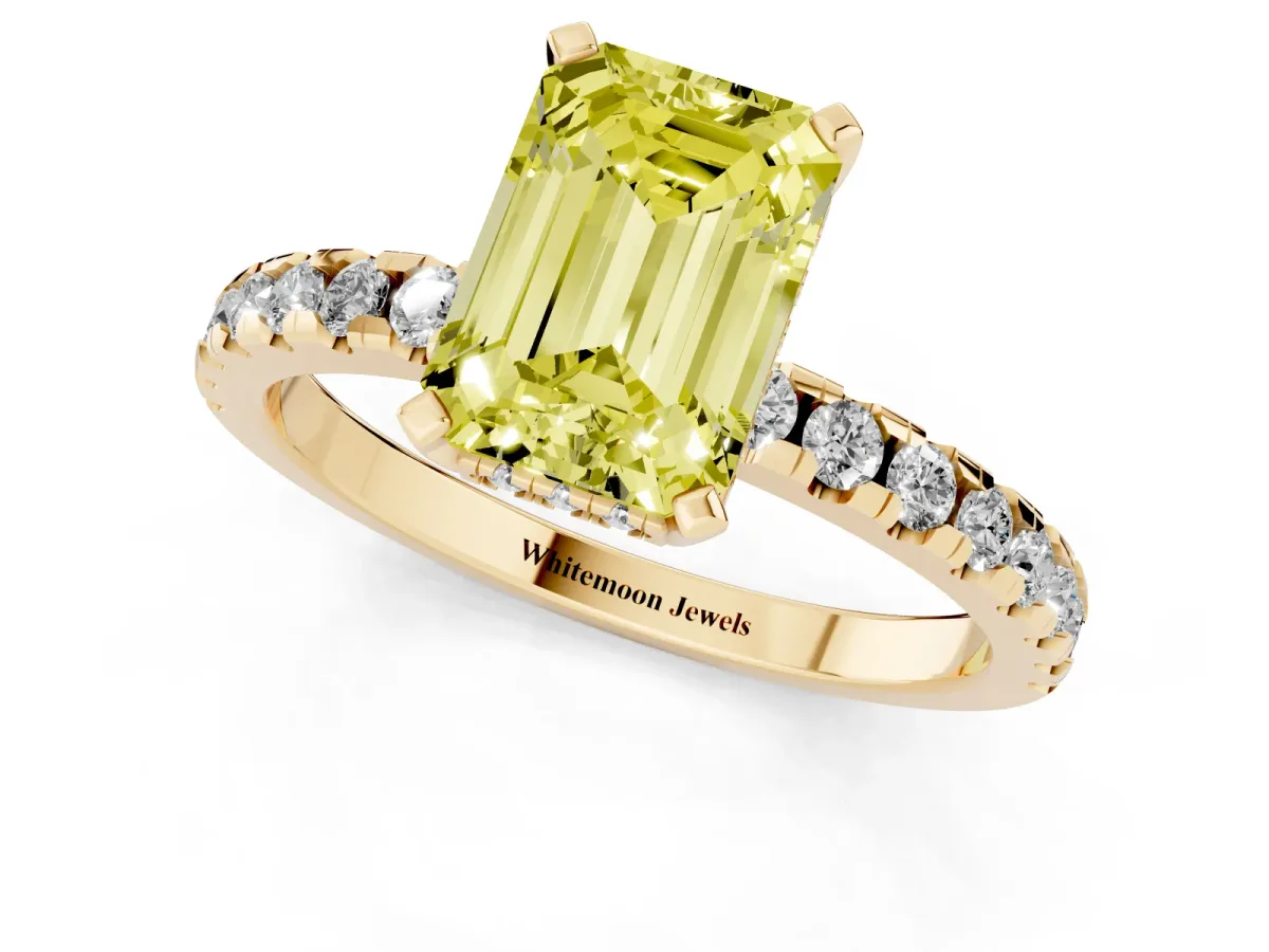 Fancy Yellow Emerald Cut Diamond Solitaire Ring with Round Pavé Band and Four-Prong Setting Yellow gold