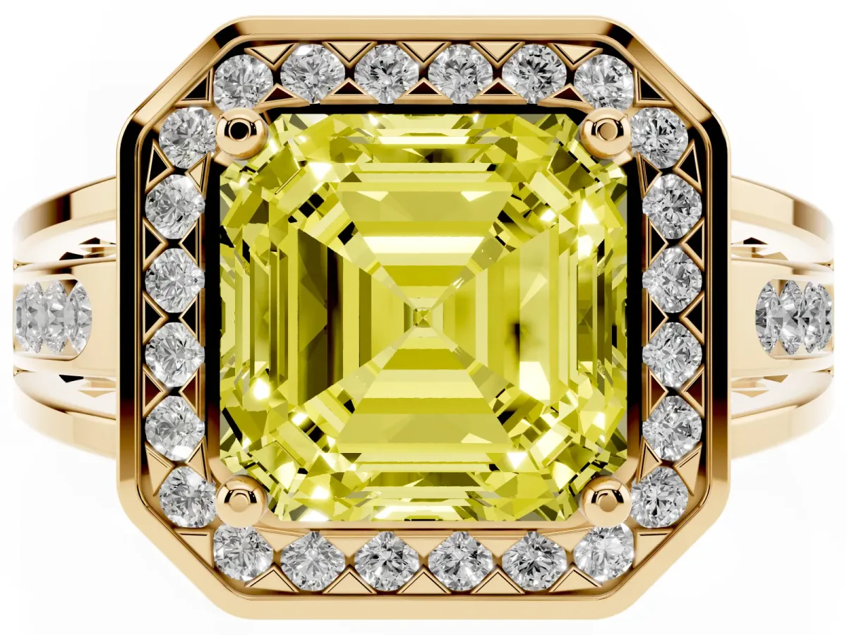 Fancy Yellow Asscher Cut Diamond Halo Ring with Split Shank and Bezel Accents and Prong Setting Yellow gold