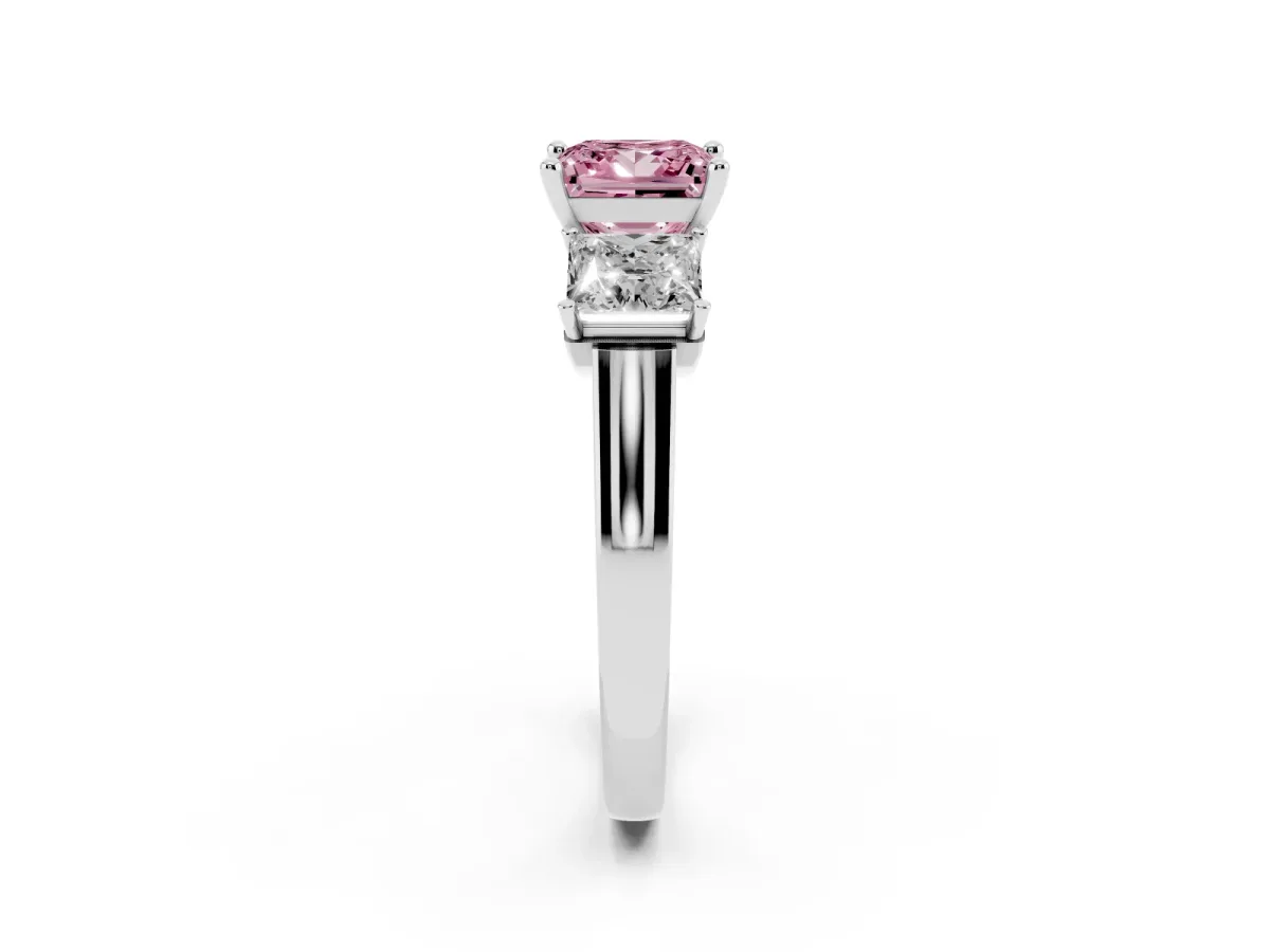 Fancy Pink Three-Stone Princess Cut Brilliant Diamond Trellis Ring with Comfort Fit Band White gold