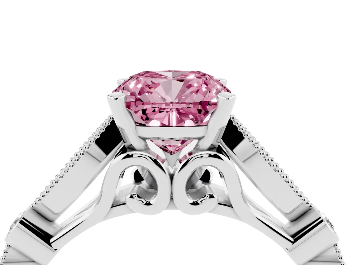 Fancy Pink Cushion Cut Cut Diamond with Milgrain Marquise and Bezel Accents on a Solitaire Band with Prong Setting White gold