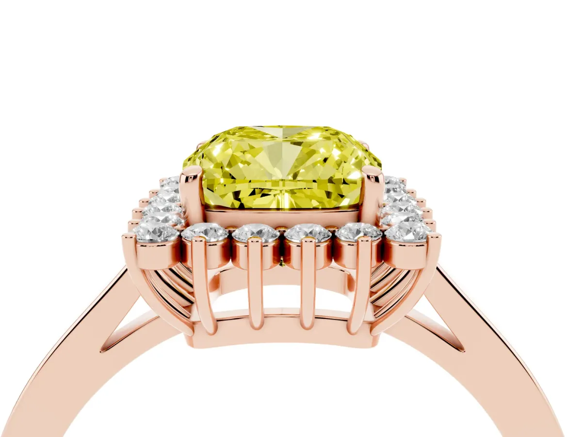 Fancy Yellow Cushion Cut Cut Diamond Halo Ring with Round Brilliant Halo and Solitaire Band Rose gold