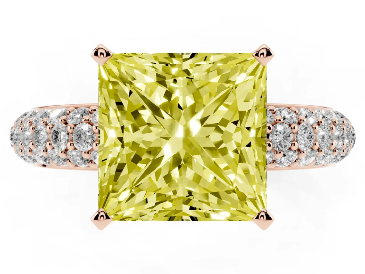 Fancy Yellow Princess Cut Diamond Solitaire Ring with Prong Setting and Pavé Band Rose gold