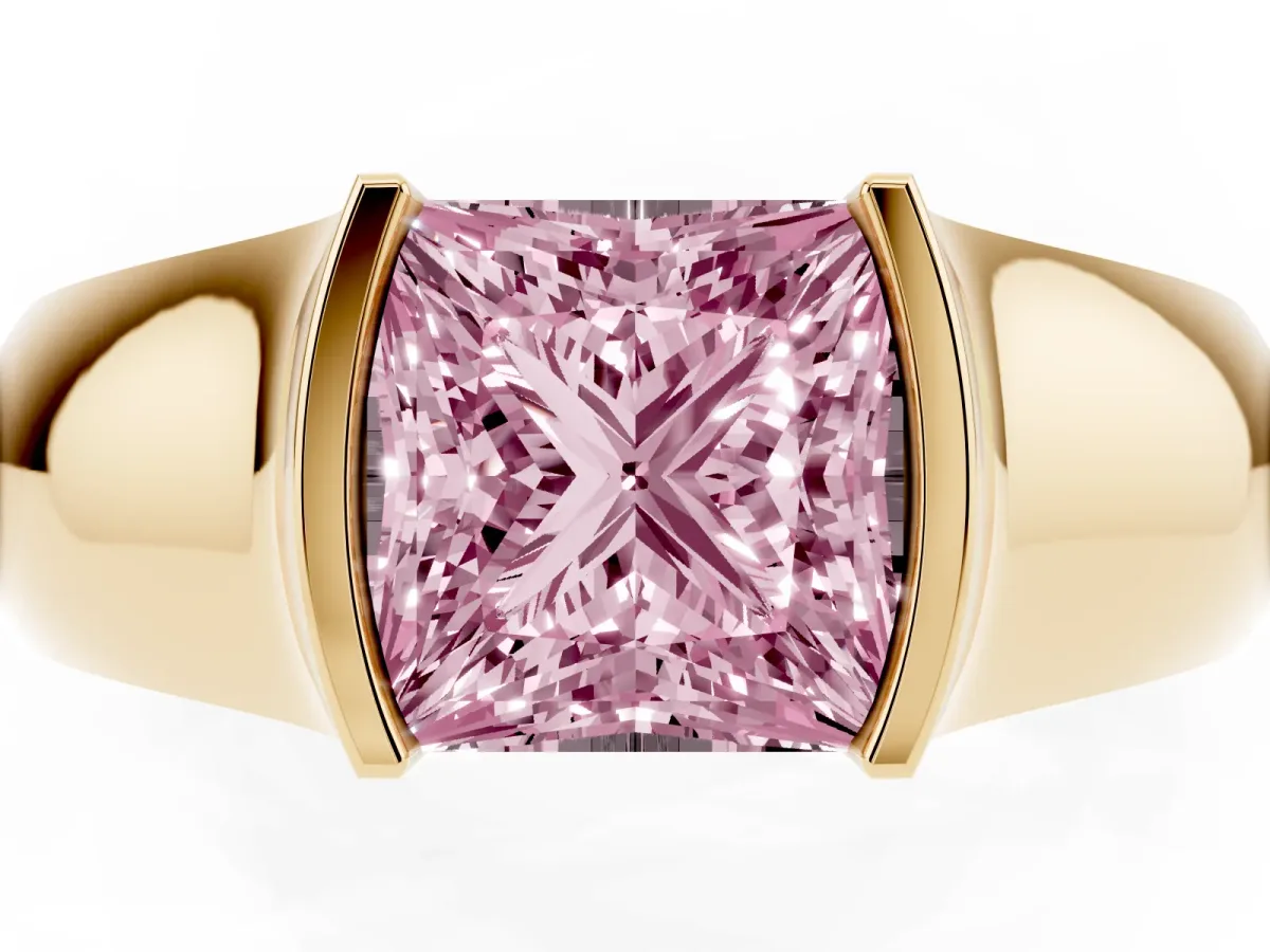 Fancy Pink Princess Cut Solitaire Bezel Set Diamond Ring with Wide Band Yellow gold