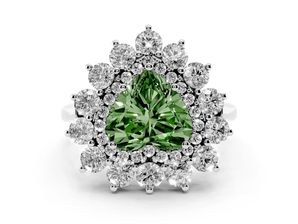 Fancy Green Heart Cut Diamond Floral Double Halo Engagement Ring with Prong Setting Platinum