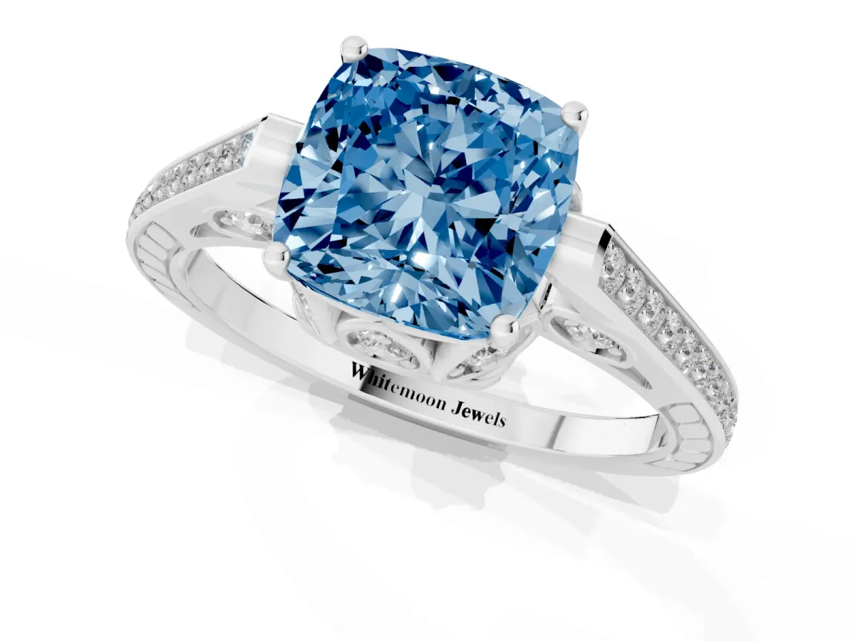 Fancy Blue Cushion Cut Cut Cathedral Pave Diamond Engagement Ring with Six-Prong Setting Silver
