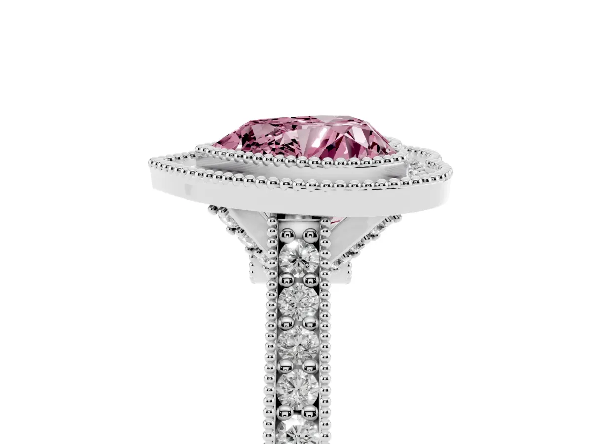 Fancy Pink Halo Heart Cut-Cut Diamond Pave Band Milgrain Prong Setting Ring White gold