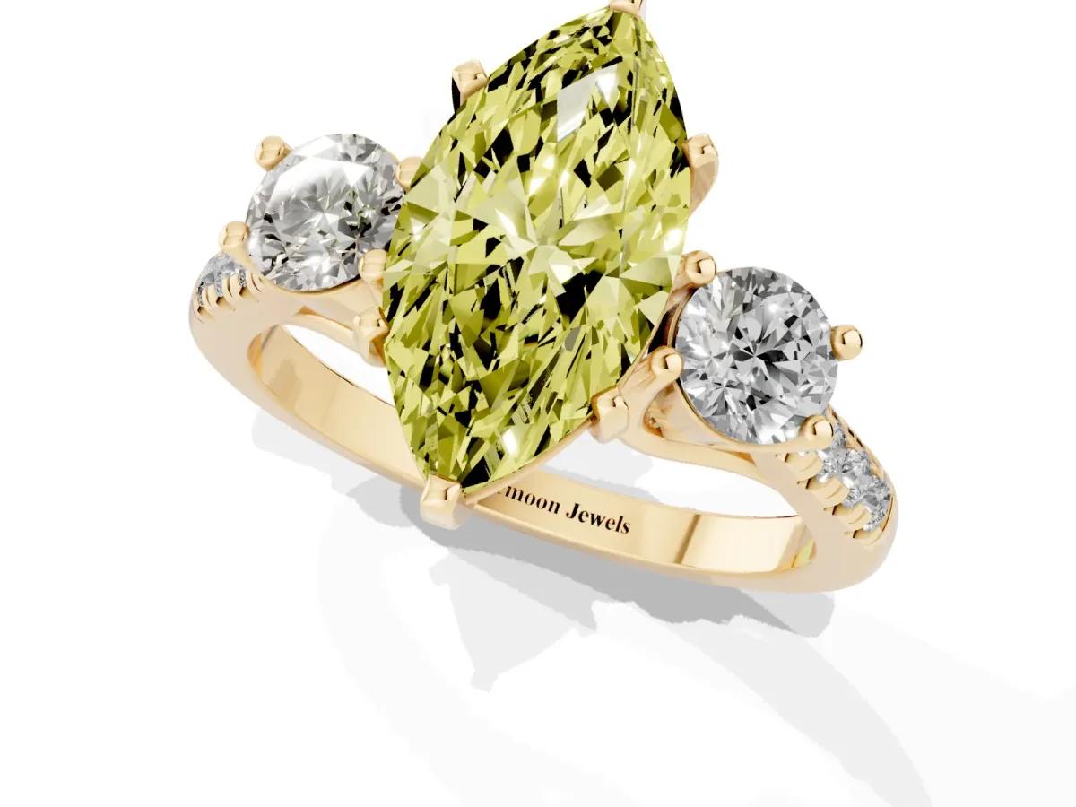Fancy Yellow Three-Stone Marquise Cut Diamond Pavé Band with Four-Prong Setting Yellow gold